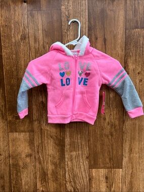 NWT Real Love Girls' Pink Hooded Zip-Up Sweatshirt with 'LOVE' Hearts